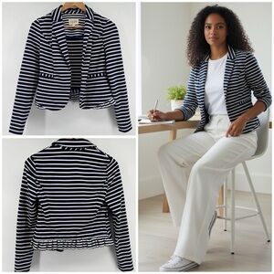 Maison Jules Navy & White Striped W/ Ruffle Hem Cropped at the Waist Blazer Sz S